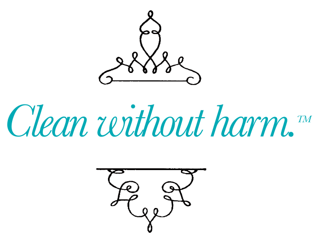 Clean without harm - tagline in teal with black design around the text